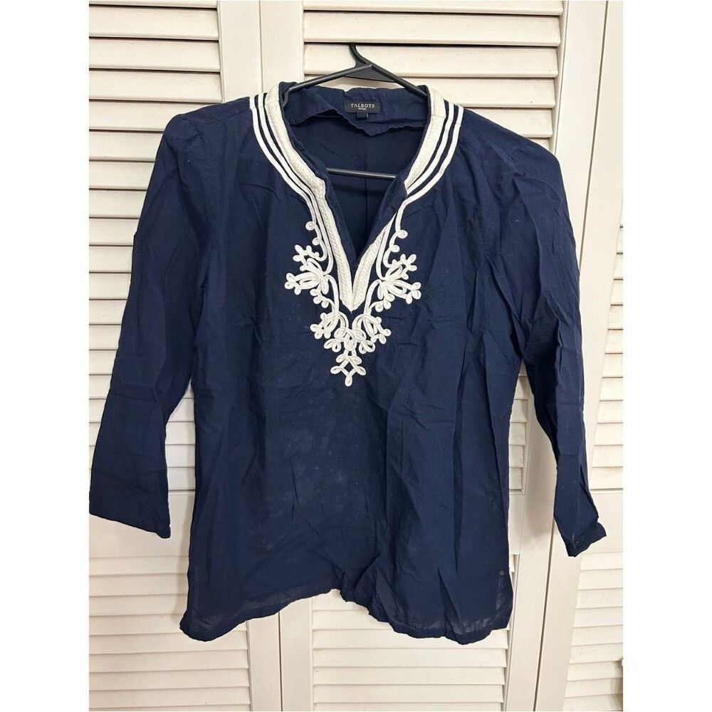 Talbots Navy Tunic with White Embroidered V-Neck